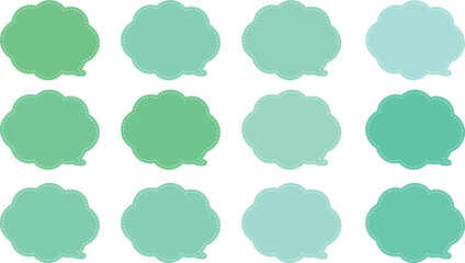 All the bubbles have a distinctive, rounded, cloud-like, or scalloped edge design. This vector image features twelve speech bubbles. Speech bubble with a white dashed line inside.