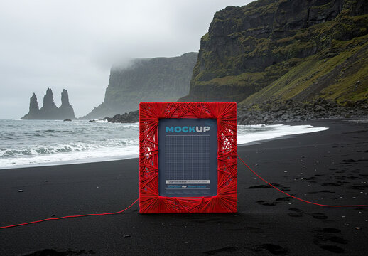 Red Vertical Wool Frame Poster Mockup Stand on Black Volcanic Beach