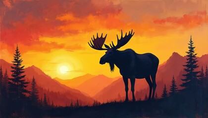 Moose silhouette standing mountain landscape sunset. Orange gradient sky, sun, trees. Majestic animal, natural beauty, wildlife, peaceful scene. Adventure, outdoors illustration, artistic design.