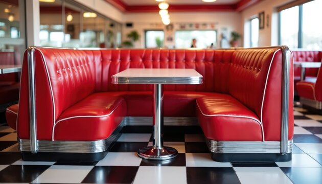 Retro diner booth red vinyl upholstery chrome accents. Classic design, black-and-white checkered floor, metallic table, vintage restaurant interior, seating.