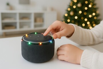 Child interacting with smart speaker illuminated by festive christmas lights. concept of technology use, holiday atmosphere, and interactive learning