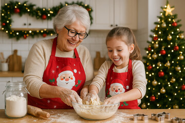 Grandmother and girl enjoy christmas baking together in festive kitchen with holiday cookies and joyful smiles. concept of family tradition, holiday spirit, baking fun