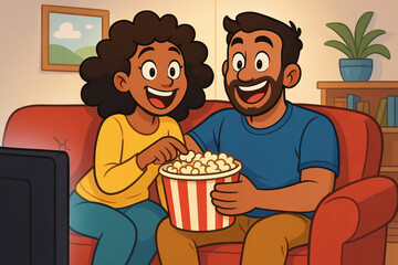 Joyful couple watching movie and eating popcorn together at home in cozy living room. concept of relaxation, home entertainment, quality time