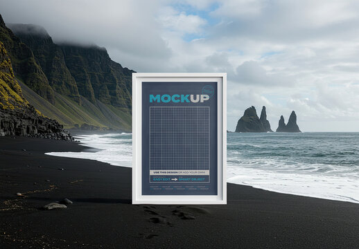 Vertical Frame Poster Mockup Stand on Black Volcanic Beach