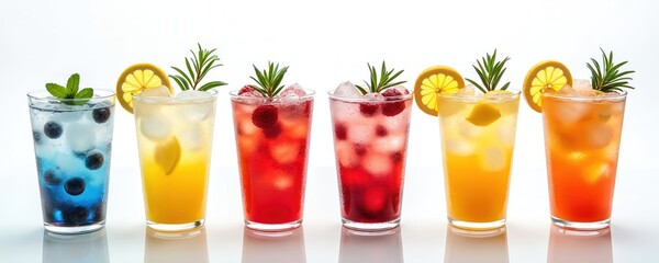 Refreshing Italian soda fruit drinks set in glasses. Lemon, blueberry, strawberry, peach, Yuzu orange. Cocktail summer refreshment isolated on white background. Cocktail bar menu drink photo.