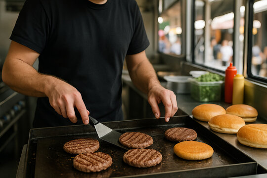 Chef grilling burgers at food truck with buns and condiments ready for delicious meal preparation concept of street food, culinary skill, urban dining experience