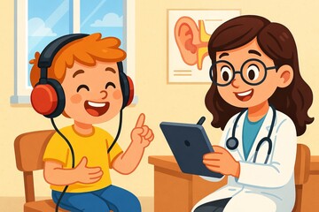 Child undergoing hearing test with audiologist using headphones and tablet in medical setting. concept of pediatric healthcare, hearing assessment, childhood health.