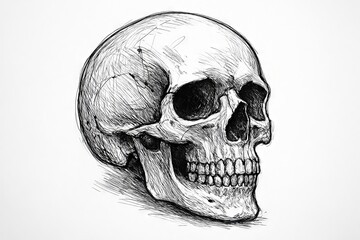 Black and white human skull illustration with simple composition for artistic design concepts, minimalist sketch, Halloween decor, isolated on white background