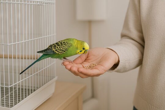 Man feeding green parrot in a cage indoors. concept of pet care, bird feeding, human-animal interaction