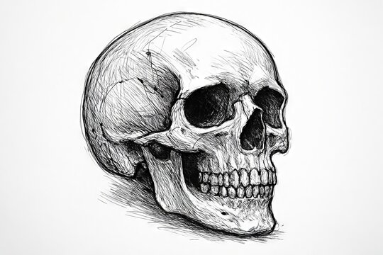 Black and white human skull illustration with simple composition for artistic design concepts, minimalist sketch, Halloween decor, isolated on white background