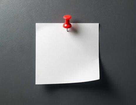 White blank paper note pinned red to dark gray board. Empty space message writing or list-making. Office, business, education concept. Reminder, memo, announcement, message on notice board.