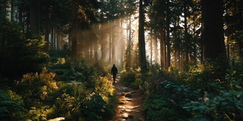 Obraz premium Tranquil Forest Path Illuminated by Warm Sunlight
