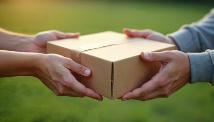 Hands exchange cardboard box. Delivery package transfer with parcel. Courier, client interaction, logistic service. Postal shipment process, online shopping. Parcel delivery concept, everyday life.