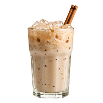 Refreshing horchata drink in a clear glass topped with creamy ice garnished with a fragrant cinnamon stick Perfect for food and beverage concepts