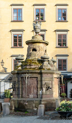 Close-up of historic stortorget fountain in Stockholm old town