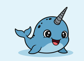 cute little narwhal with big eyes swimming and smiling happy