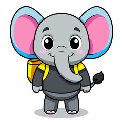 Fototapeta premium Cute cartoon baby elephant wearing a backpack and smiling isolated on white background