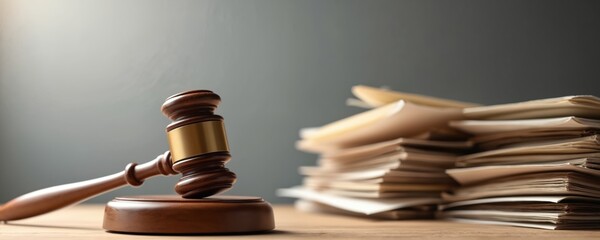 Obraz na płótnie Canvas Wooden gavel legal files stack. Symbol of justice, law, legal system, courtroom, court hearing, trial, verdict, penalty. Representing concepts of jurisprudence, decision making, legal proceedings.