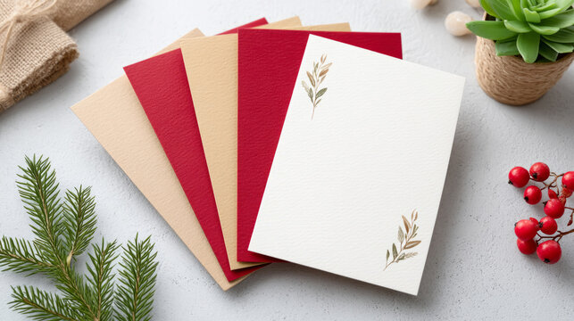 Festive holiday greeting cards with envelopes on a clean surface for seasonal celebrations