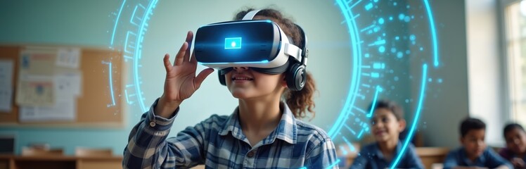 Young student in VR headset. Blue holographic AI technology display in futuristic classroom, exploring virtual reality education. Interactive learning environment with artificial intelligence tech,