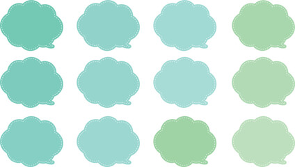 All the bubbles have a distinctive, rounded, cloud-like, or scalloped edge design. This vector image features twelve speech bubbles. Speech bubble with a white dashed line inside.