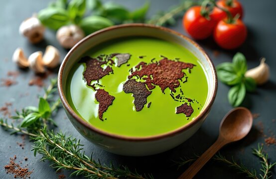 Green pea soup bowl with world map design for International Veganism Day. Healthy vegan vegetarian dish decorated with spices herbs vegetables tomatoes basil garlic rosemary thyme parsley.
