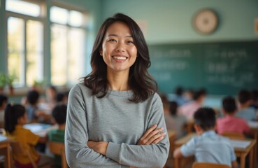 Fototapeta premium Smiling Asian American woman teacher in classroom. She celebrates World Teachers Day. Educator crossed hands, looking at camera. Students at desks blurred in background. Education concept.