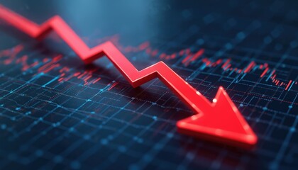 Red arrow indicates financial market decline. Bearish trend illustrated over chart of falling stock prices. Economic instability concept, representing losses, recession, crisis. Financial data,