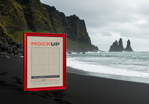 Vertical Red Frame Poster Mockup Stand on Black Volcanic Beach