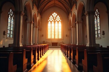 Fototapeta premium Sunlit Church Interior Peaceful Prayer Space, Stained Glass, Spiritual Sanctuary