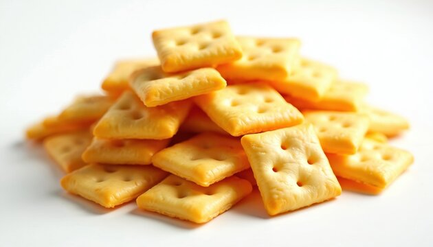 Pile cheese crackers on white backdrop. Crispy snacks, salty baked biscuits, square shape. Food, meal, snack concept. Closeup, macro studio shot. Ideal for culinary themes, fast food advertising food