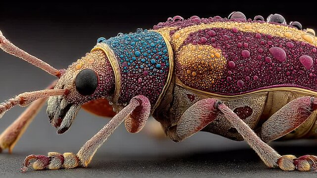 Macro Marvel: Detailed Weevil Portrait with Vibrant Colors and Water Droplets
