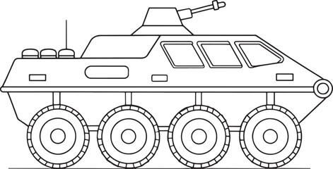 Armored personnel carrier in black and white outline for design or coloring