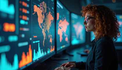 Financial analyst woman works with real-time global market data analysis tools. Strategic investment map overlays 3D digits on computer screens. AI generates data visualization. Business, finance