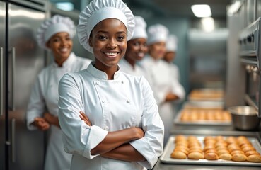 Smiling diverse female bakers in white chef uniforms in kitchen. Happy african american cooks looking at camera, arms crossed, baking food. Teamwork, bakery, restaurant industry. Freshly baked
