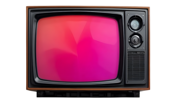 Nostalgic vintage television with wood cabinet shows a bright gradient screen against a transparent background.