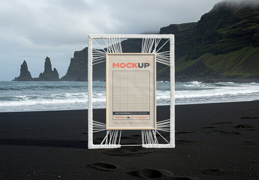 Wool Frame Poster Mockup Stand on Black Volcanic Beach