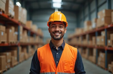 Smiling warehouse worker, hispanic man in safety vest and hard hat in distribution center. Supervisor in storehouse, surrounded by shelves with packages. Logistics, storage concept.
