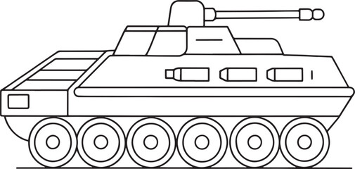 Armored tank in black and white outline for design and coloring