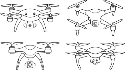 Cartoon drones in outlined form representing remote control flying devices
