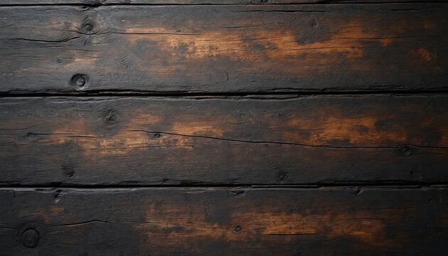 Charred wood background illustration. Burned wooden planks texture with dark brown, orange hues. Aged, weathered surface of timber boards. Rustic design for wallpaper, construction, carpentry