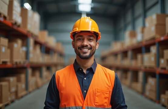 Smiling warehouse worker, hispanic man in safety vest and hard hat in distribution center. Supervisor in storehouse, surrounded by shelves with packages. Logistics, storage concept.