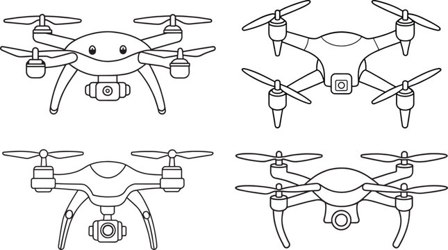 Cartoon drones in outlined form representing remote control flying devices