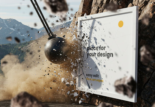 Wrecking Demolition Ball Hitting Square Poster Frame Mockup on Mountain