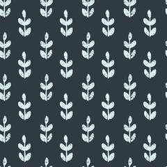 Seamless vector repeat pattern with tiny ditsy leaf branch half drop in light blue with slight weathered texture on dark navyn. Boho, simple, universal ditsy abstract botanical shapes.