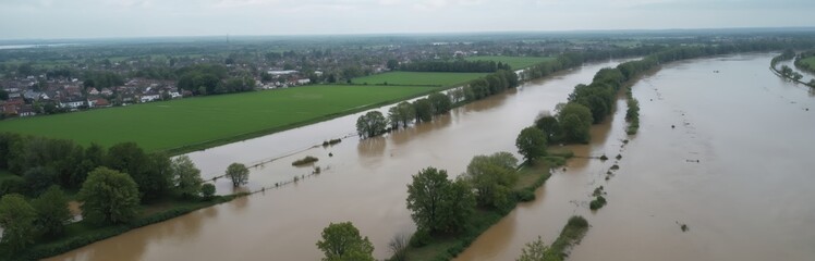Fototapeta premium Aerial view shows river after flood. Floodwater covers farmland. Brown water inundates landscape. Environmental disaster. Impact on nature, ecology, farm, rural area. Disaster consequences. Climate