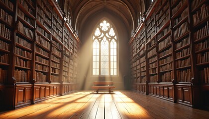 Sunlit library hall with bookshelves, books. Interior classic building. Wooden floor, beams, sunlight, sunbeam window. Architecture, reading room, history, education, knowledge, learning.