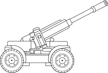 Howitzer artillery gun pointing upward in outlined style on white background