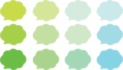 All the bubbles have a distinctive, rounded, cloud-like, or scalloped edge design. This vector image features twelve speech bubbles. Speech bubble with a white dashed line inside.