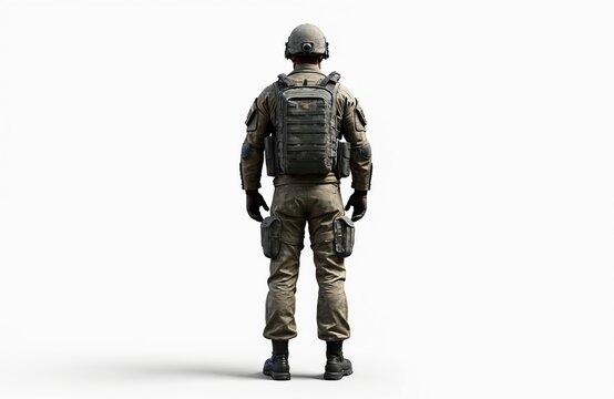 Rear view of fully geared soldier in combat uniform on white background. Military person with backpack, helmet. Army concept, war, defense, protecting. Isolated, cutout for design, print,
